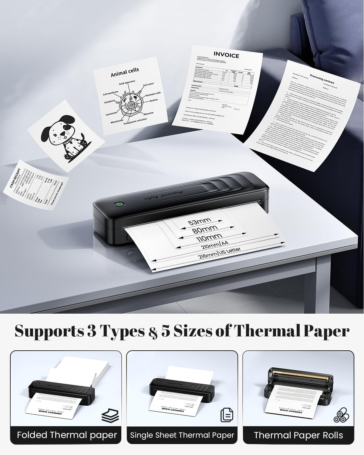 Portable A4 Thermal Printer Black Bluetooth Inkless w/ Case & 4 Paper Rolls