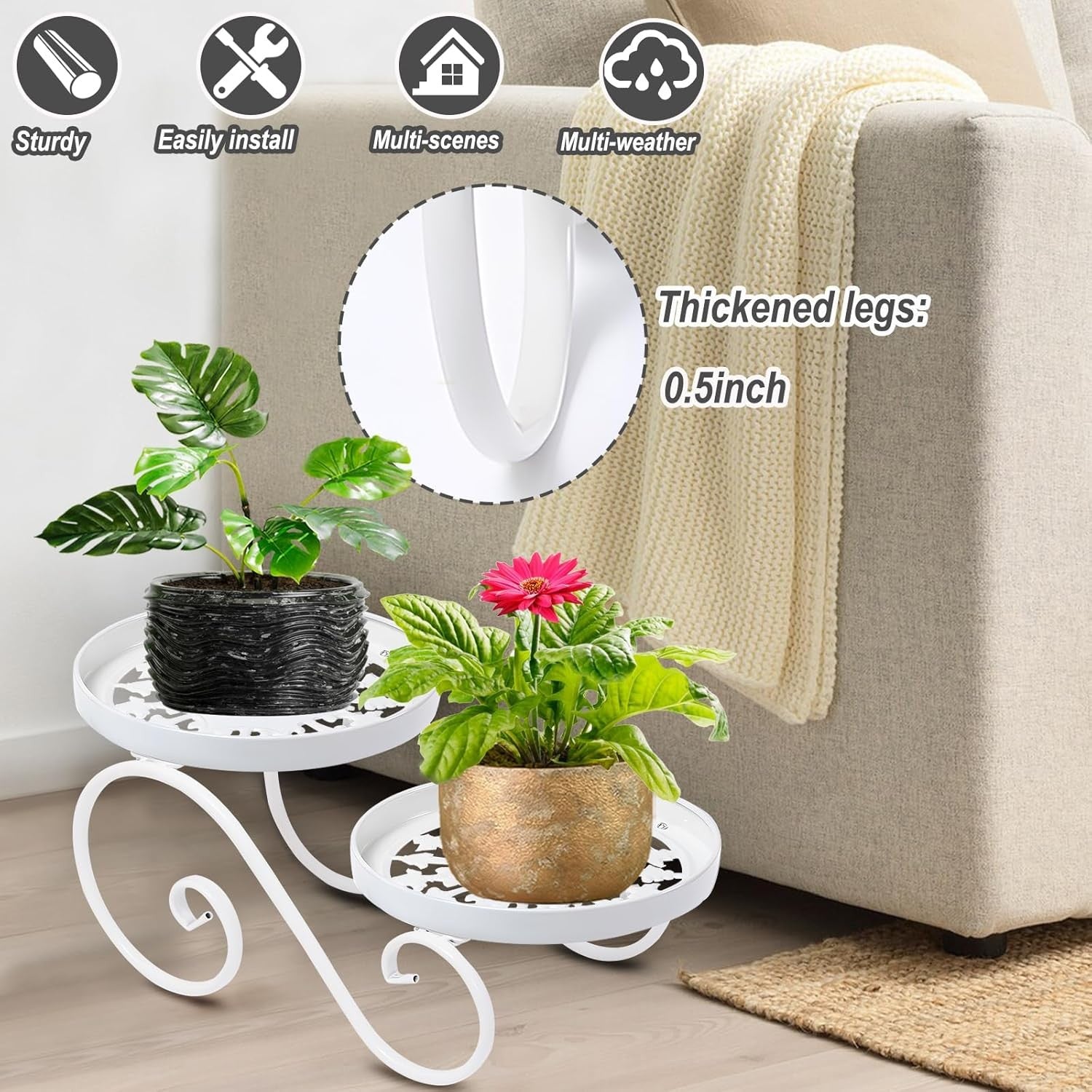 2 Tier White Metal Plant Stand Indoor Outdoor Iron Flower Pot Display Rack