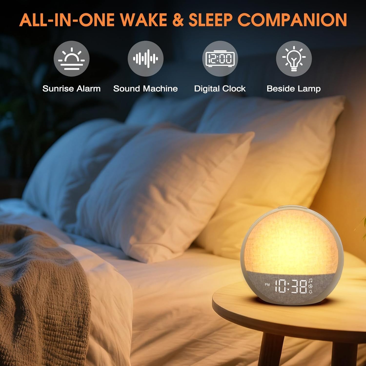 Sunrise Alarm Clock Wake Up Light White Noise Bedside Night Lamp
