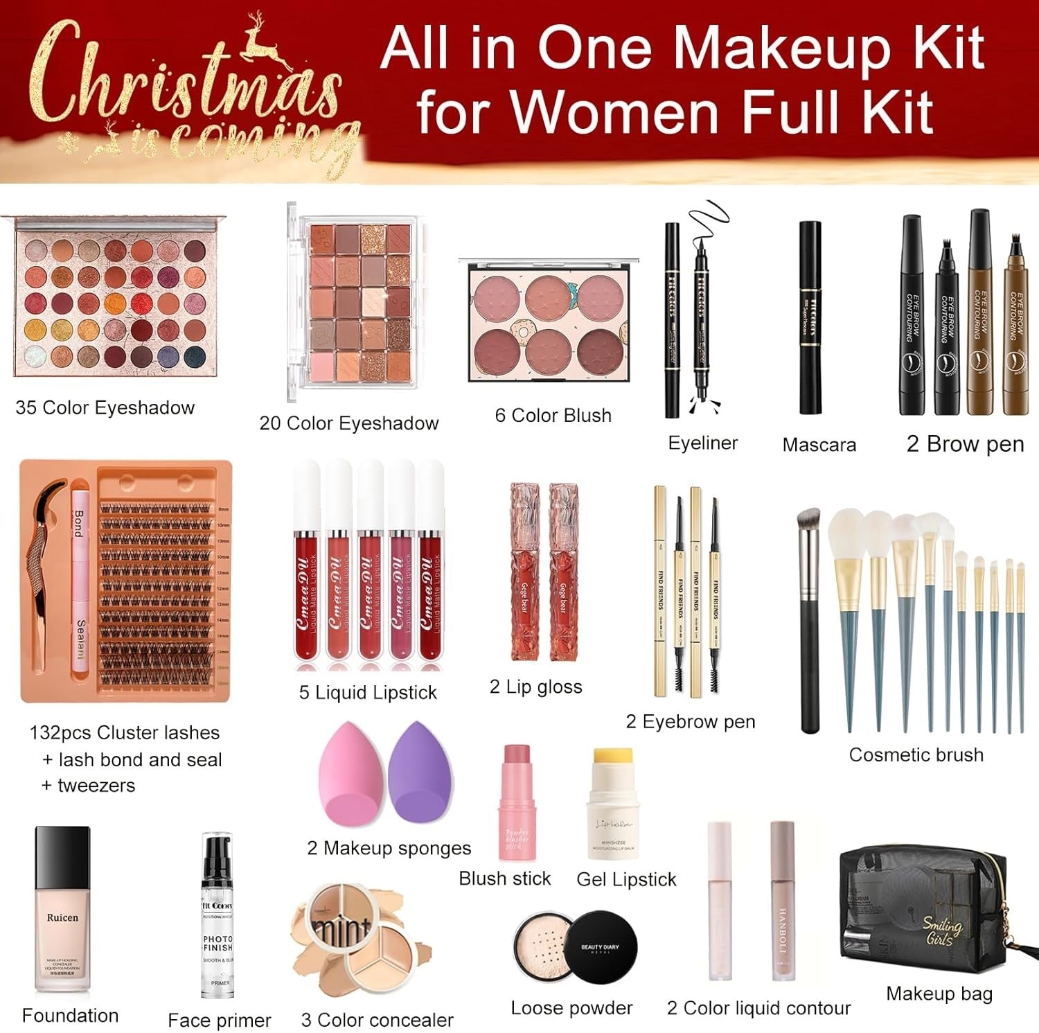 Professional Makeup Kit Set Full Face Palette Lashes Brushes Bag