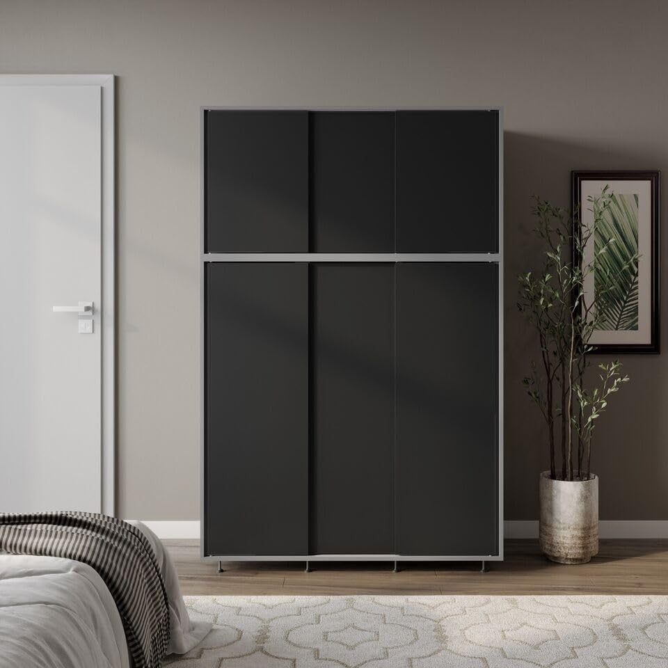 6-Door Black Sliding Wardrobe with Adjustable Feet & Large Bedroom Storage