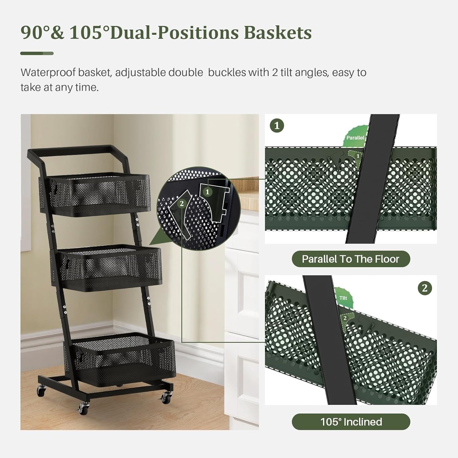 3 Tier Rolling Storage Trolley Metal Basket Organizer with Wheels Black