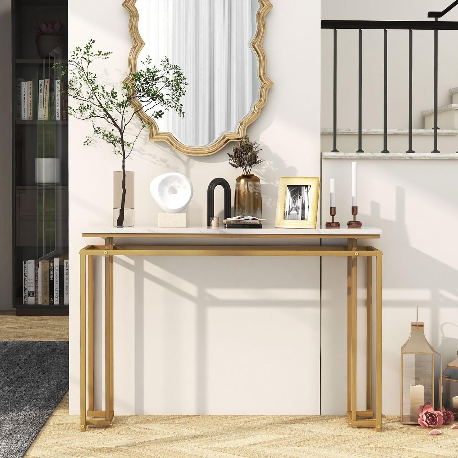 Slim Faux Marble Console Table, Modern Gold Frame, 120cm Entryway Accent