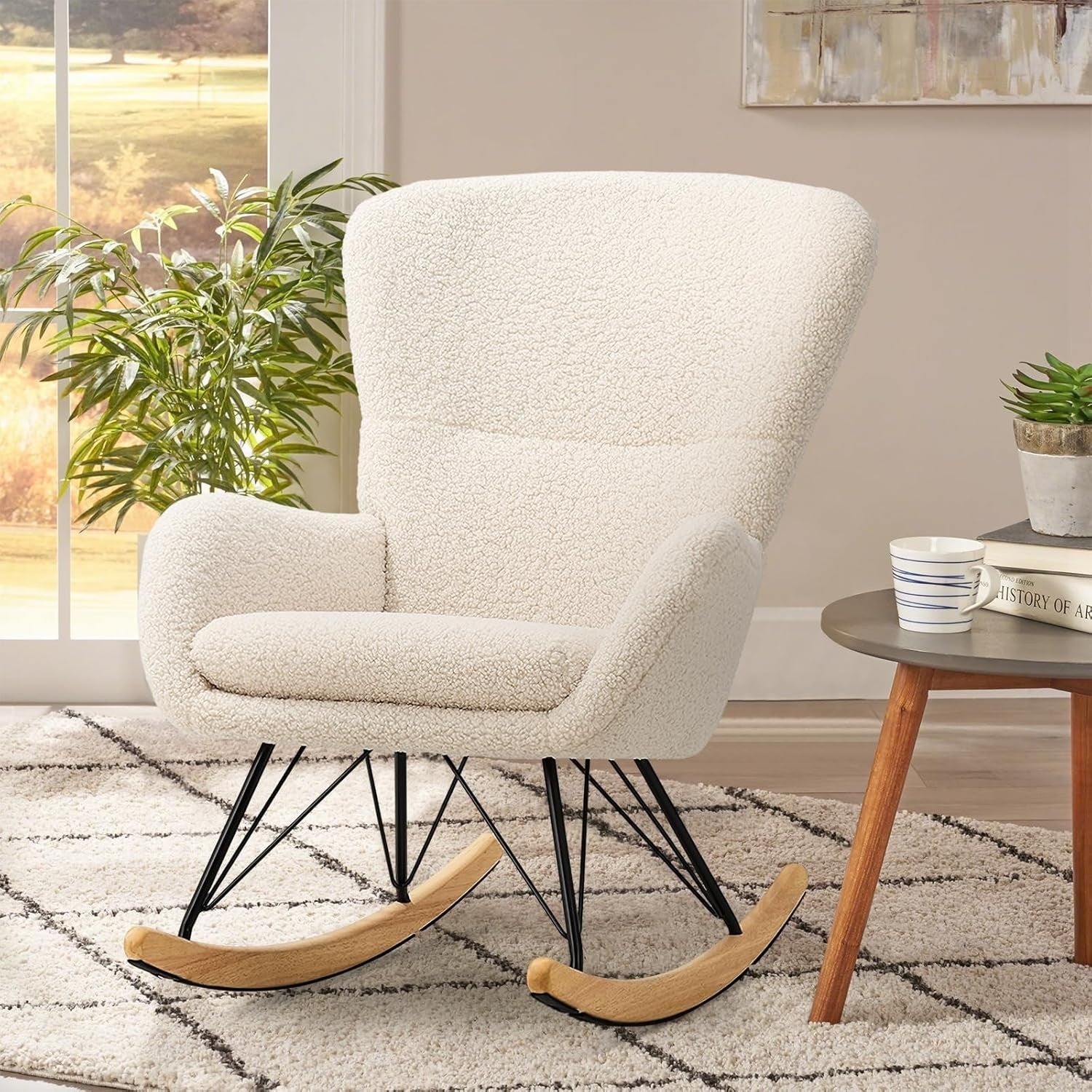 Comfortable Beige Cashmere Rocking Chair Recliner with Metal Frame & Cushion