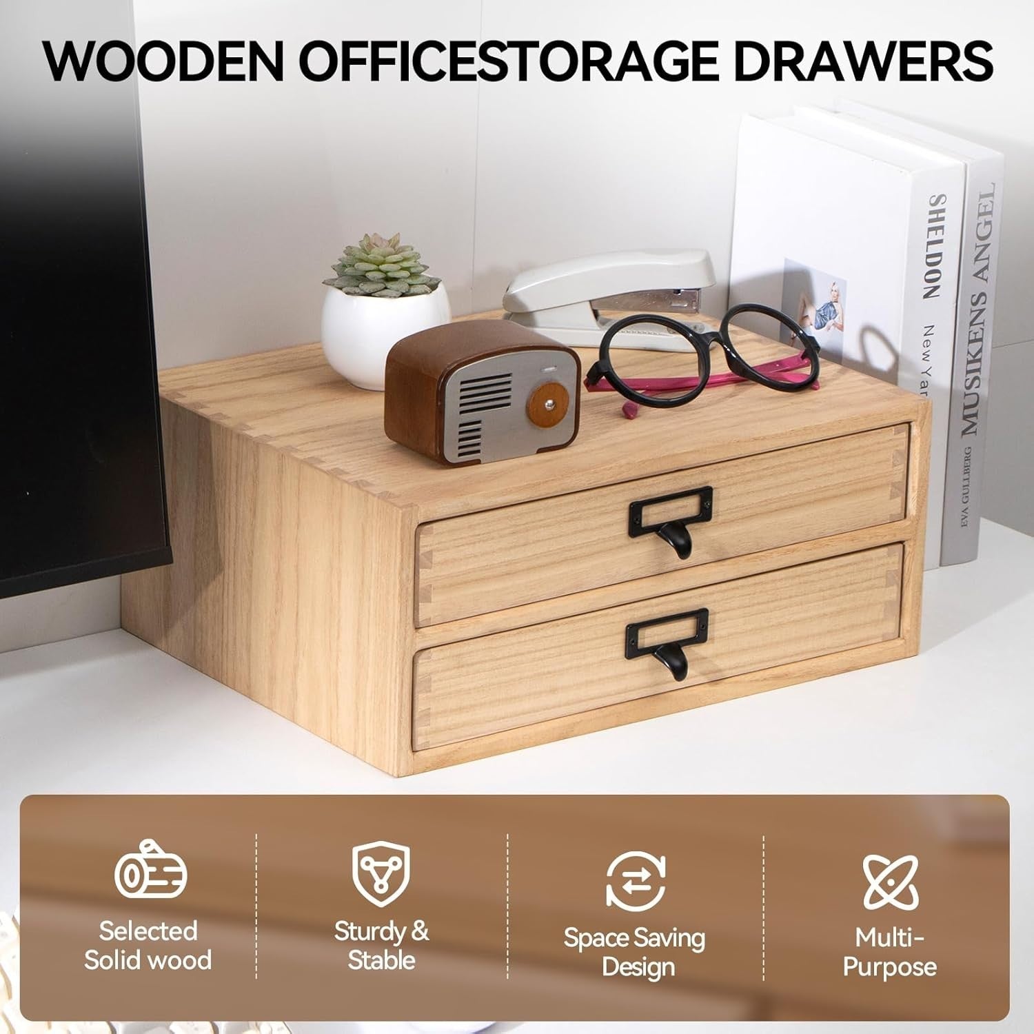 Natural Wood Desktop File Organizer 4 Drawer 35cm Printer Stand