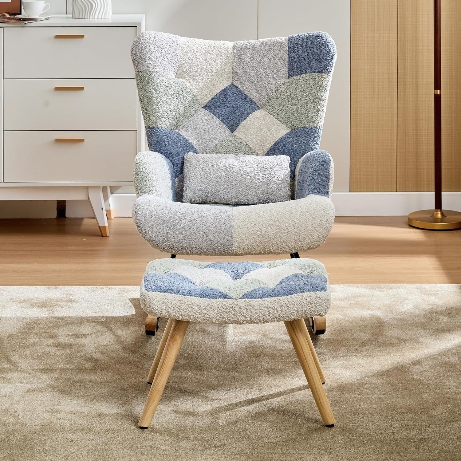 Nursery Rocking Chair w/ Footstool, High Back, Soft Foam Seat, Wood Legs