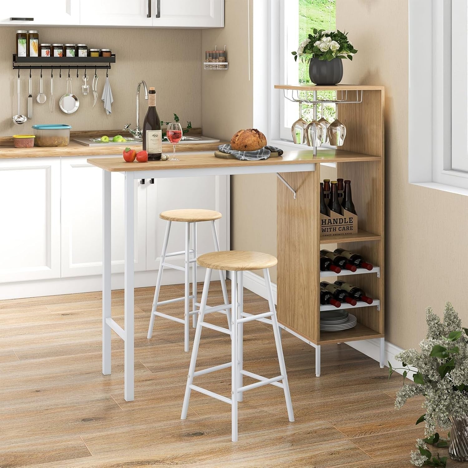 3 Piece Bar Table Set with Wine Racks & Stools, Natural Wood Steel Frame Sets