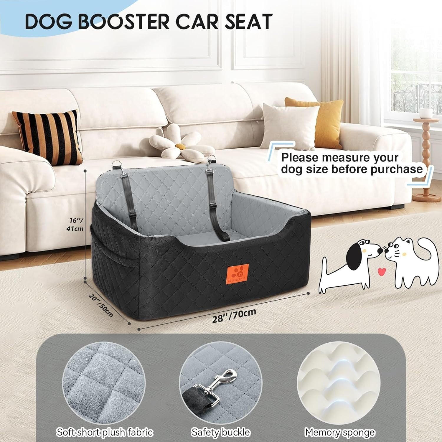 Dog Booster Car Seat Memory Foam Travel Bed Washable 50lb Black Grey