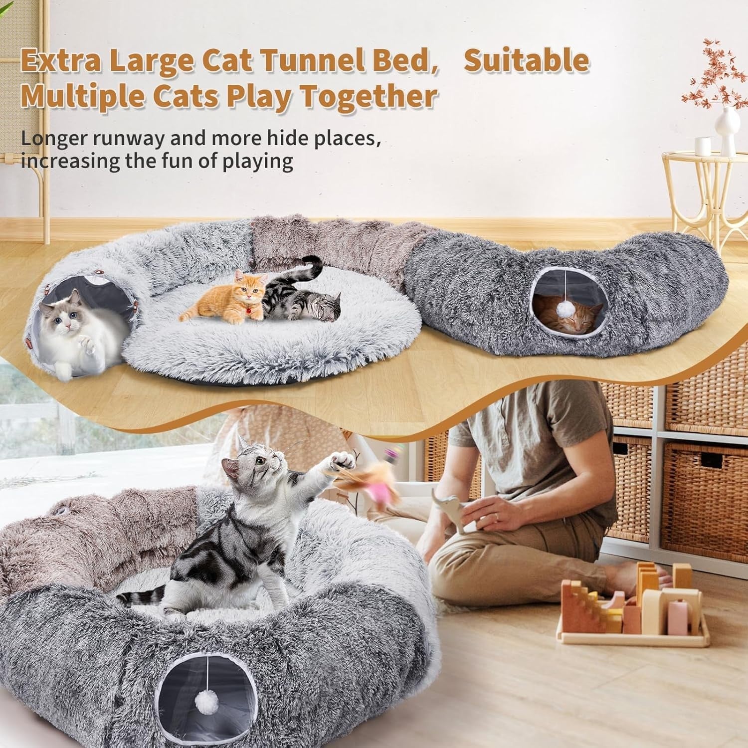 Extra Large Cat Tunnel Bed Donut Foldable Play Tunnel w Toy Set
