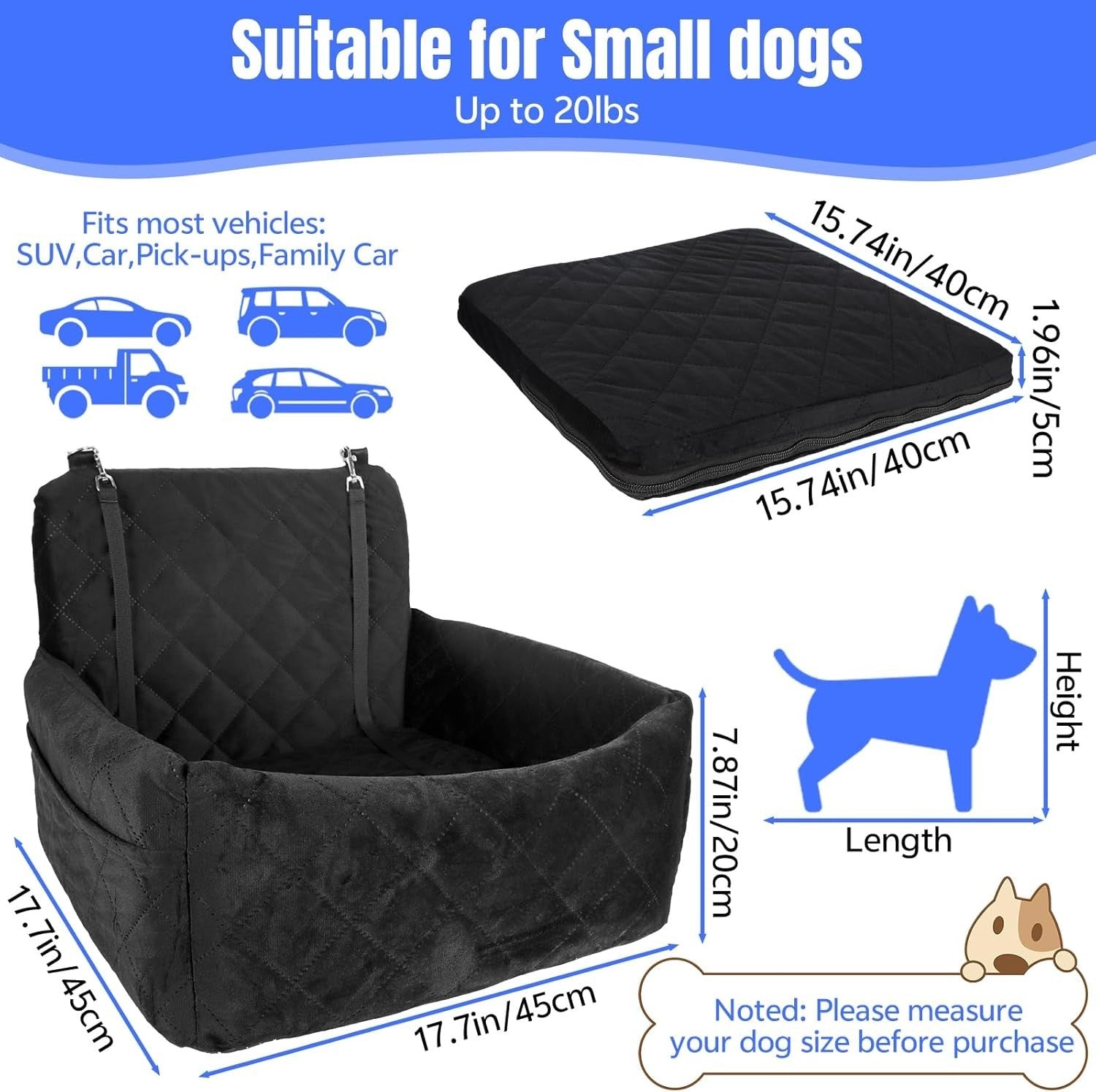 Small Dog Booster Car Seat Memory Foam Travel Bed Washable 20lb