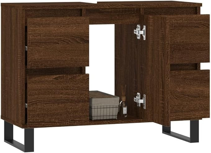 Wide Brown Oak Bathroom Sink Cabinet 80x33x60cm Under Basin Storage with Drawers
