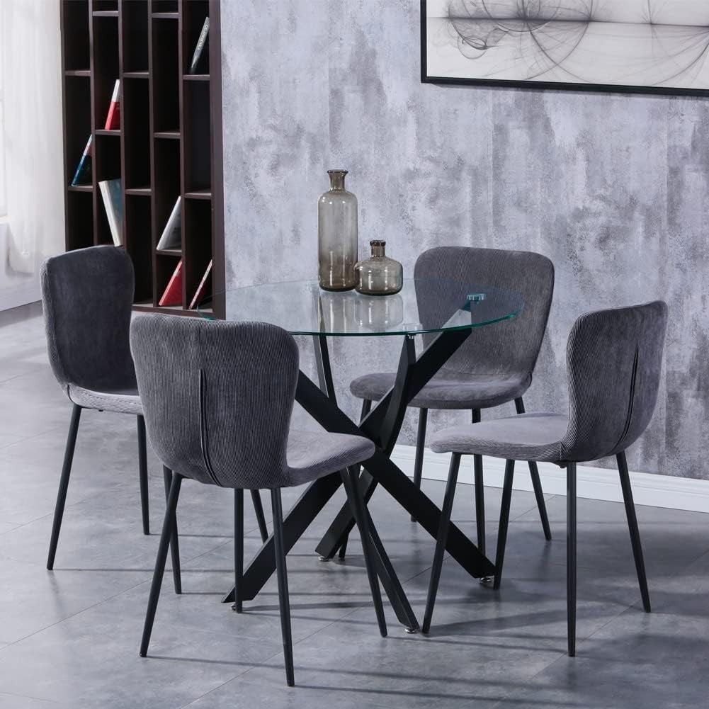100cm Round Glass Dining Table & 4 Velvet Chairs Black Metal Legs Set