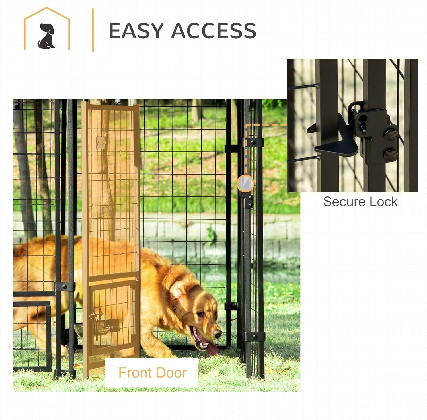 Outdoor Dog Kennel with Roof, Rotating Bowls & Lockable Steel Frame