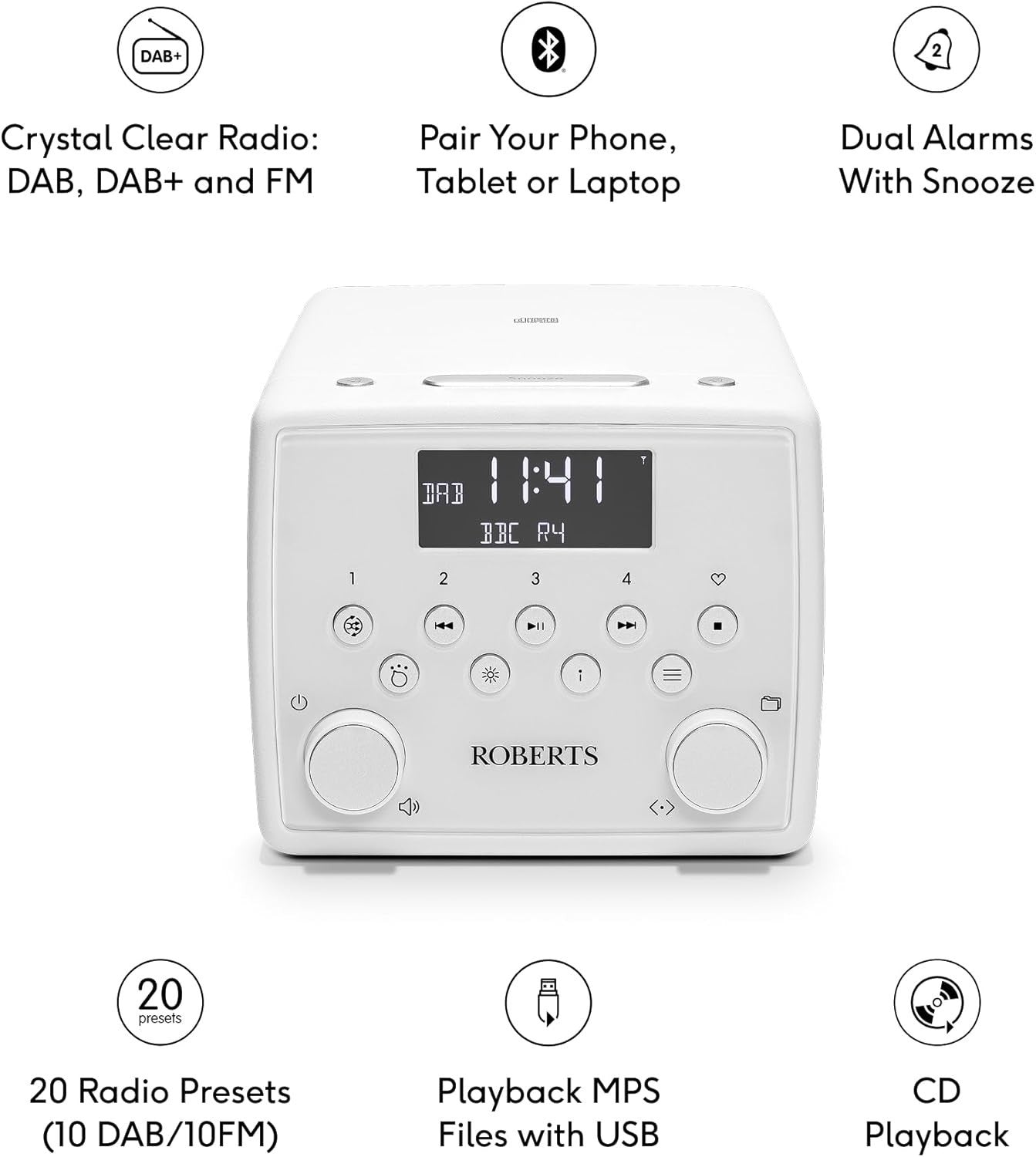 FM/DAB/DAB+ Digital Radio with Bluetooth, CD Player & Alarms – White