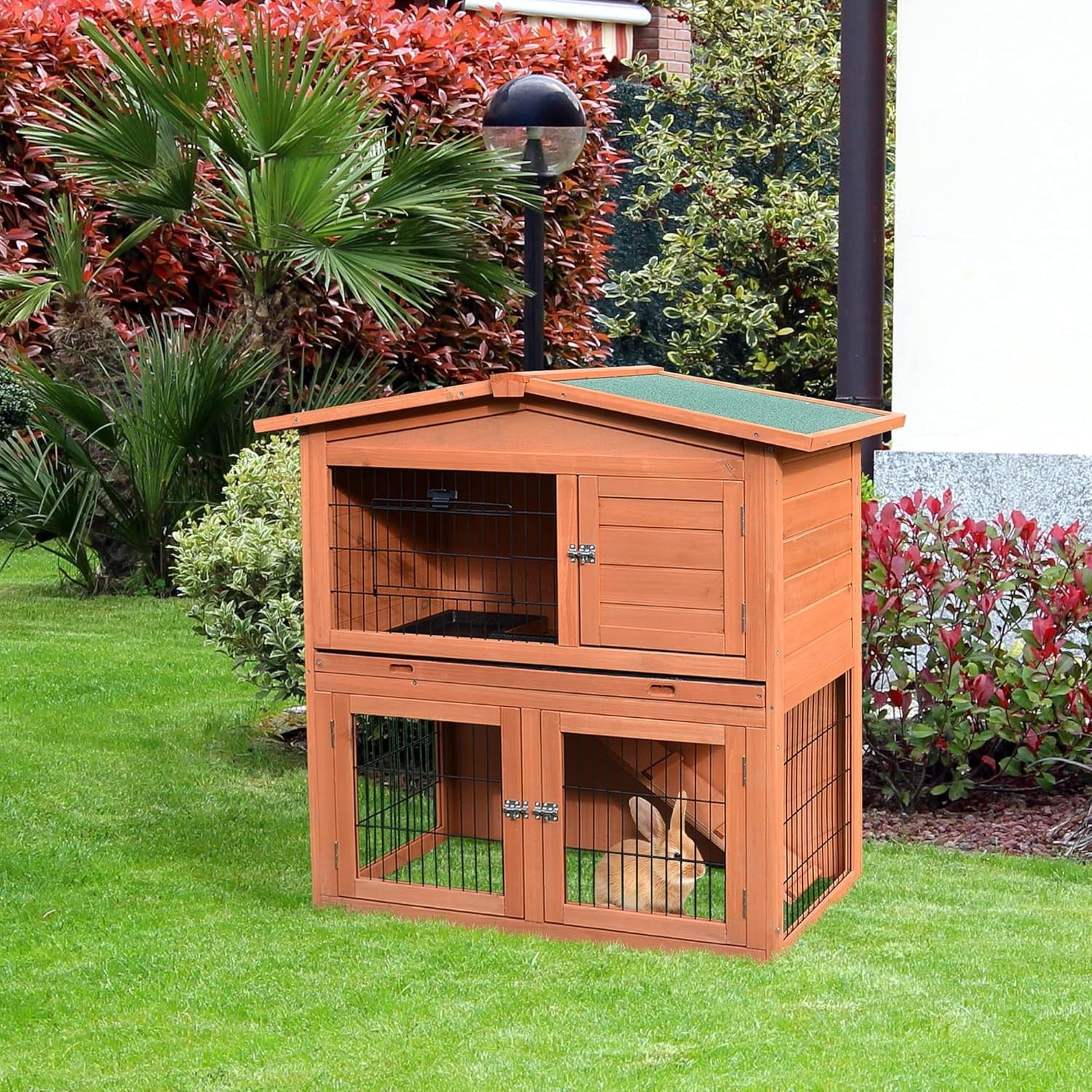 2 Tier Rabbit Hutch Outdoor Wooden Guinea Pig Cage with Tray & Ramp