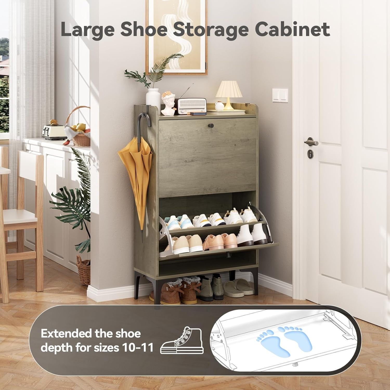 Shoe Cabinet 2 Flip Drawers Adjustable Dividers Compact Hallway Storage Grey