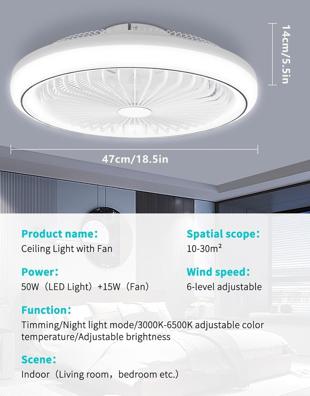 Bellanny 47CM Ceiling Fan, 6 Speeds, Dimmable LED, Reversible, Quiet Motor