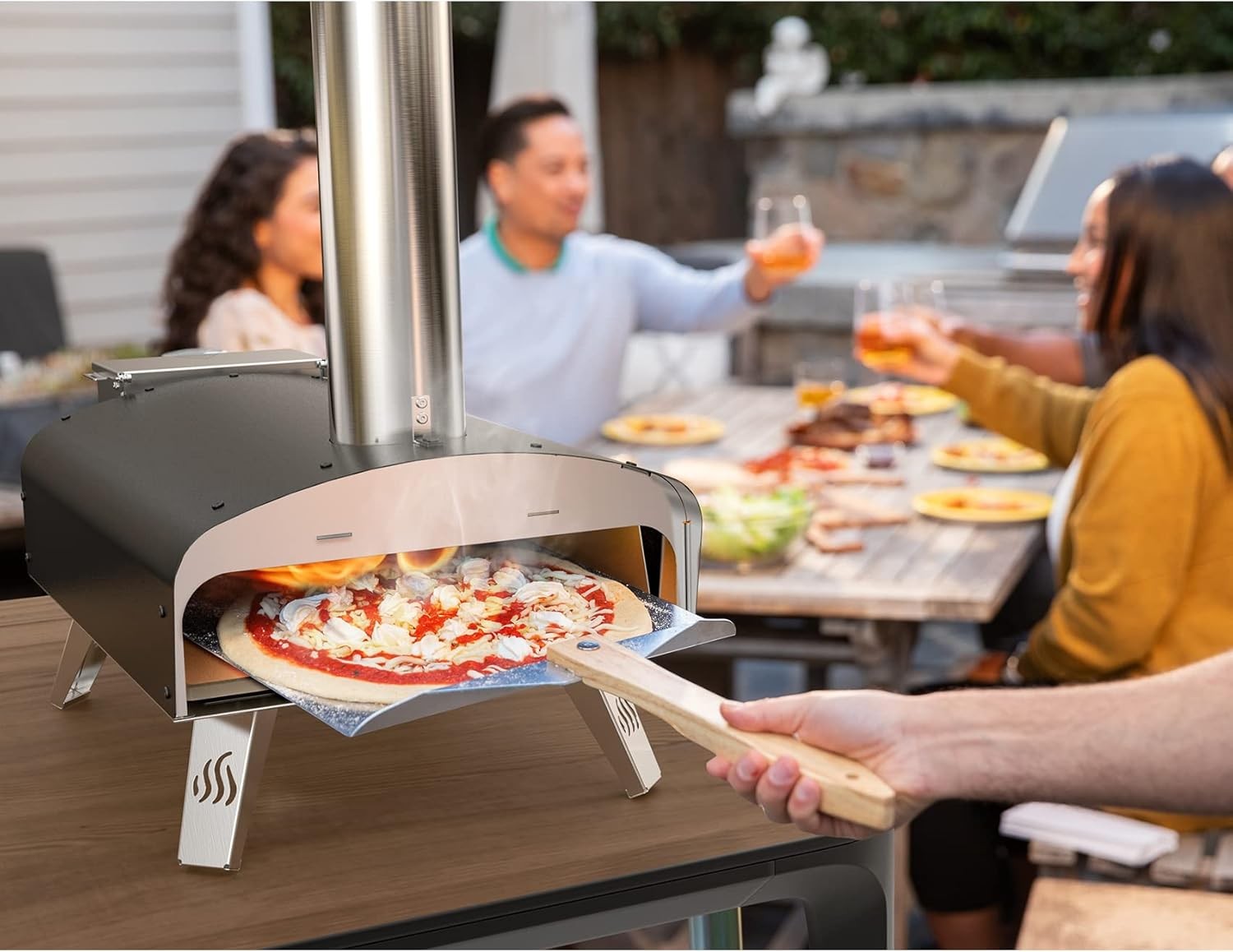 Outdoor Wood Pellet Pizza Oven Portable Garden BBQ Cooker w Stone Peel 67x35x76c