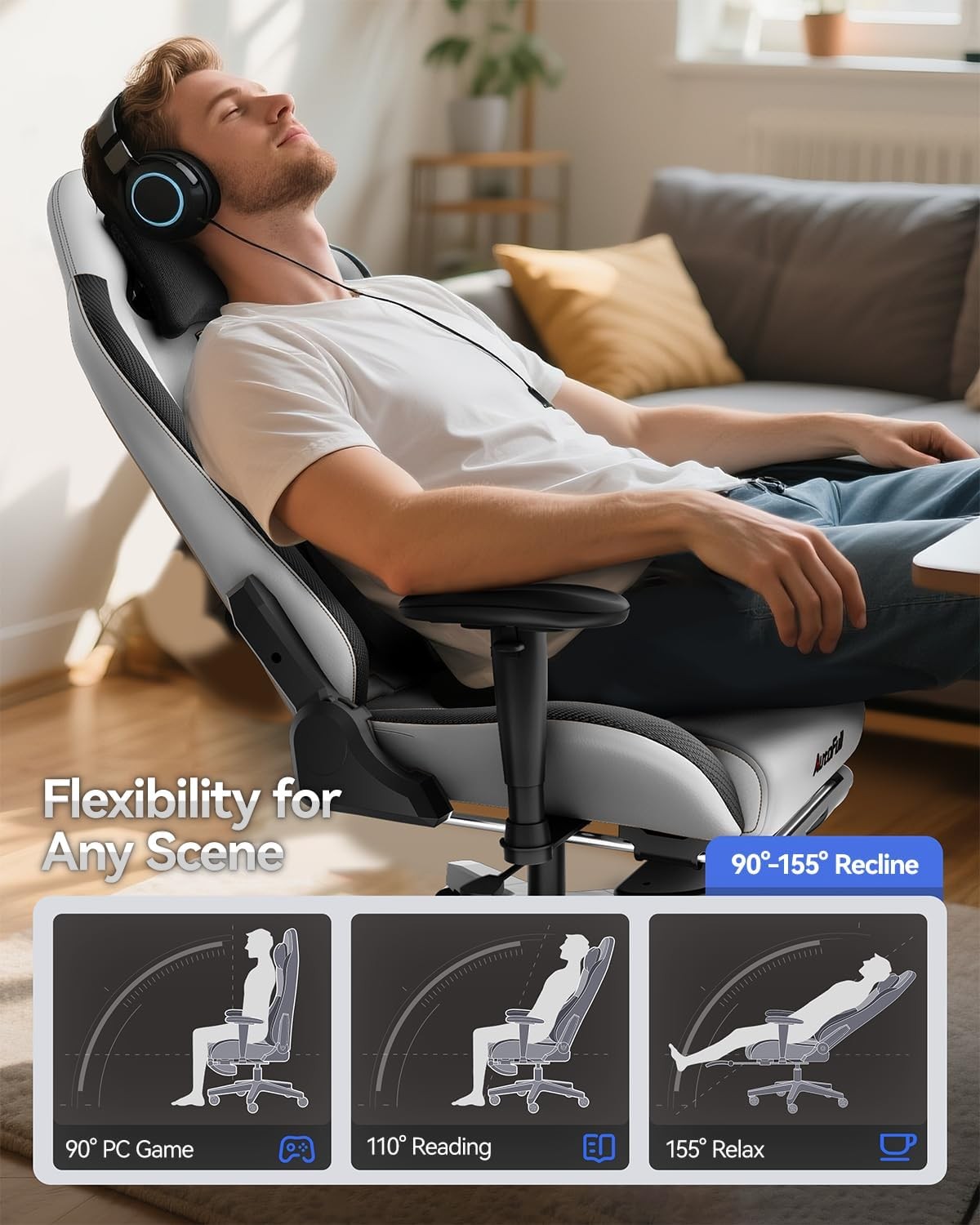 Ergonomic Gaming Chair Grey PU Leather Reclining w/ Footrest