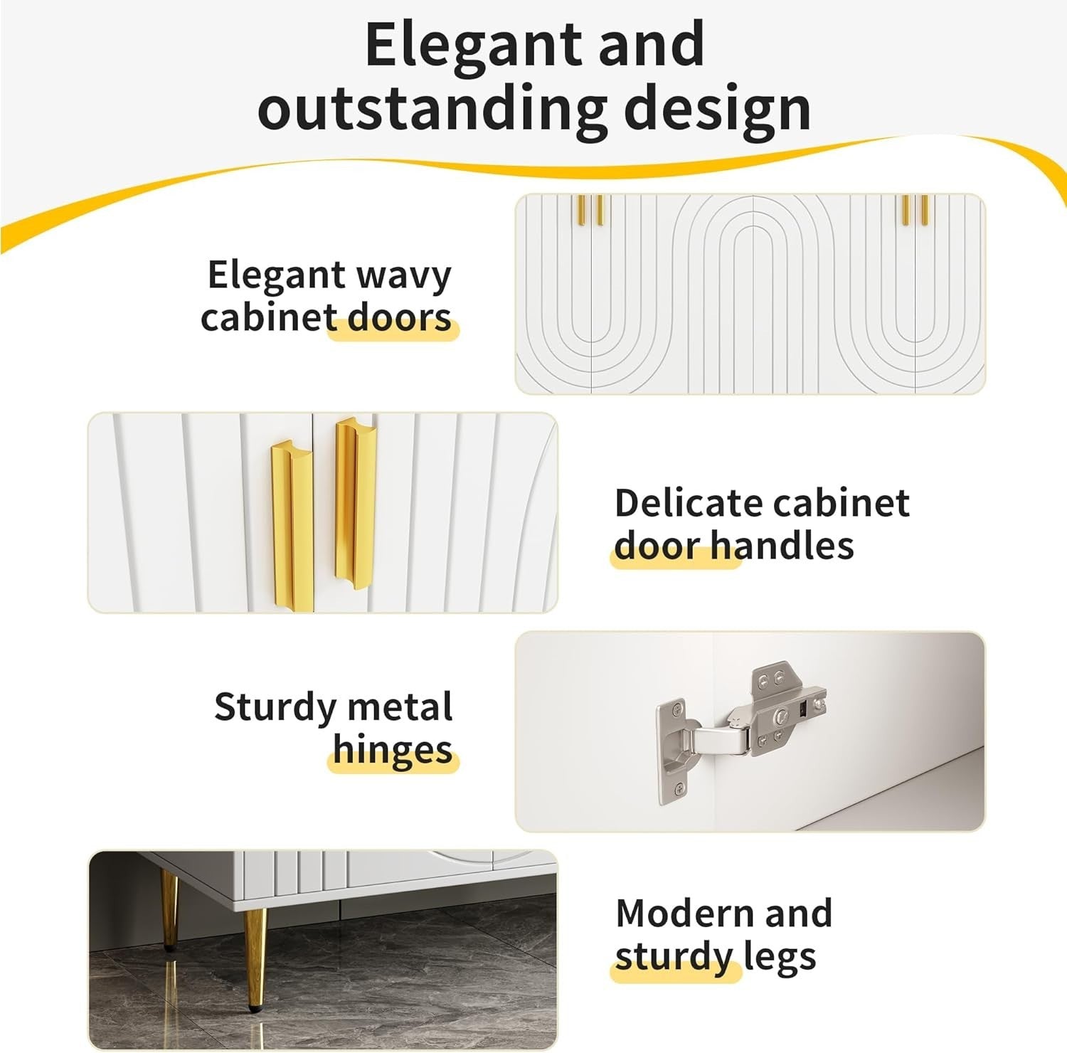 Modern White Sideboard Cabinet Storage Unit Gold Legs Doors 152cm