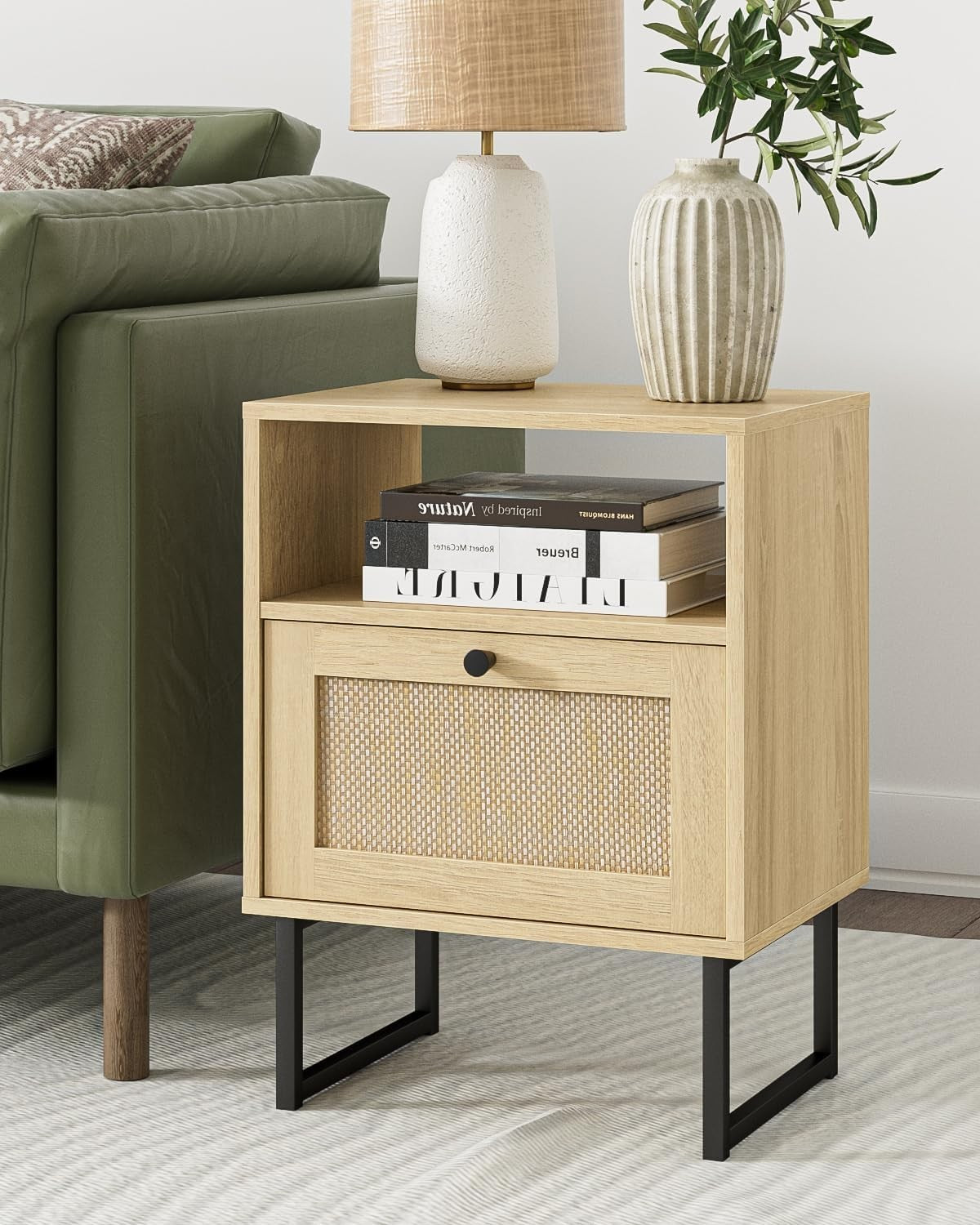 Natural Oak Rattan Bedside Table with Drawer Boho Nightstand Side Table