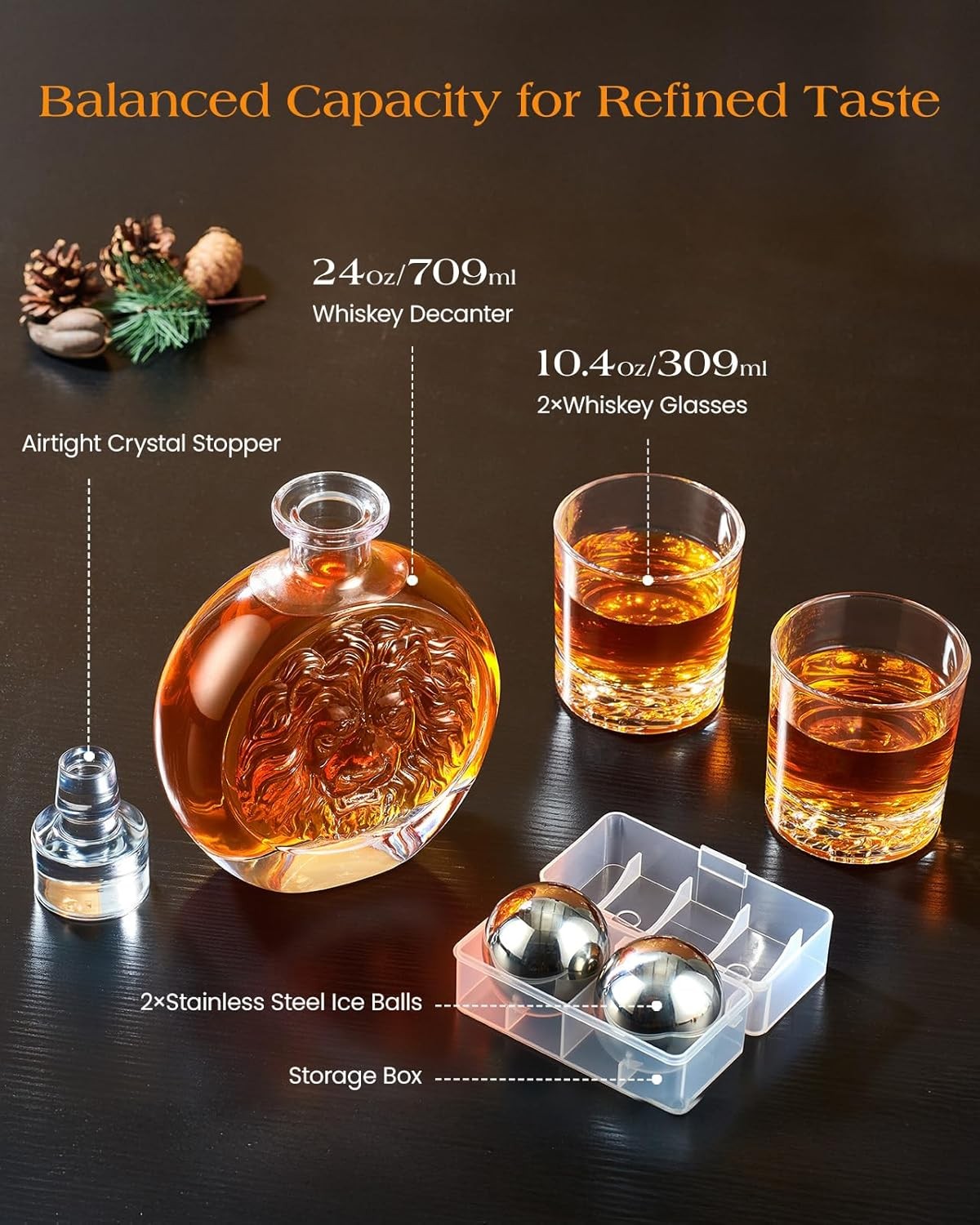 Luxury Lion Whiskey Decanter Gift Set with 2 Glasses & Ice Stones 709ml