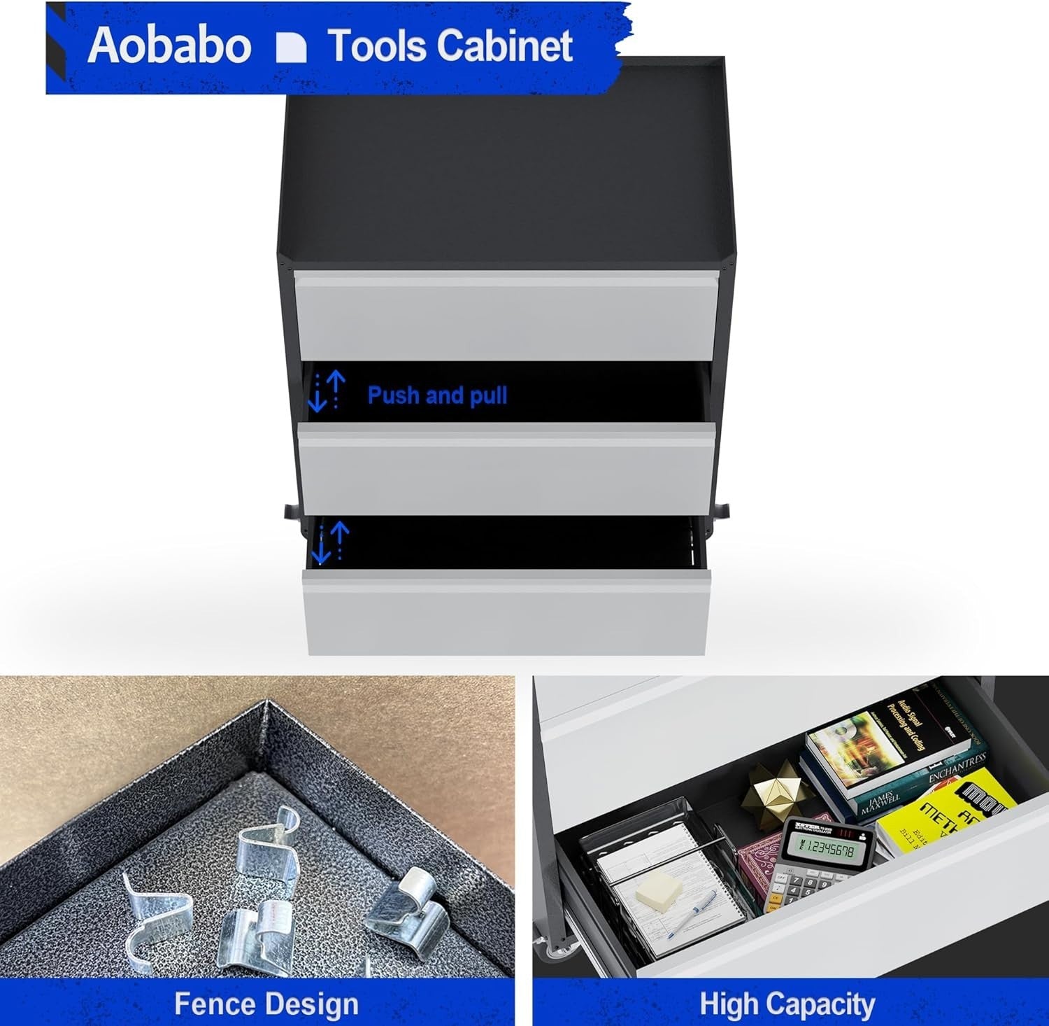 Mobile Metal Tool Cabinet with 3 Lockable Drawers & Workbench Surface