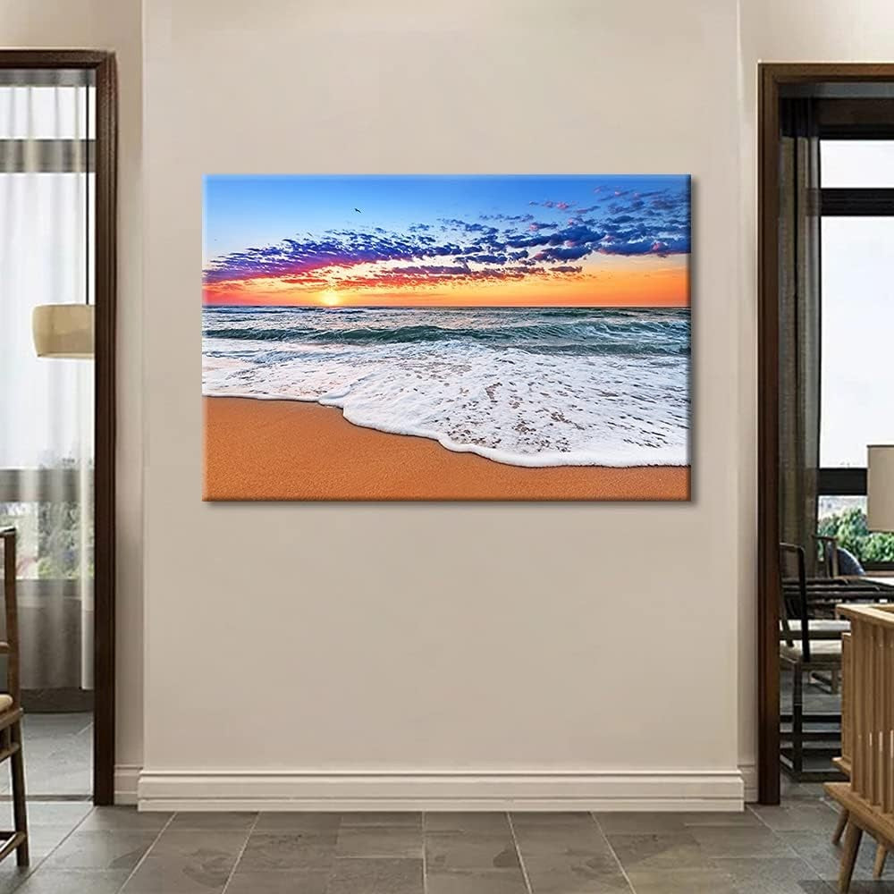 Large Beach Sunset Canvas Wall Art 36x24in Framed Seascape