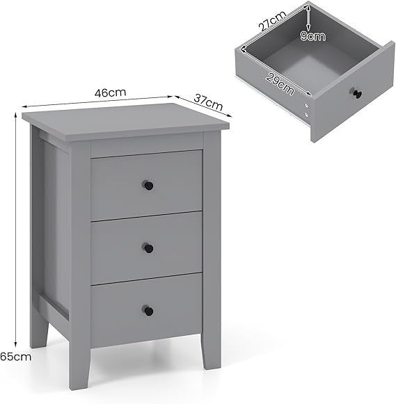 Grey Wooden Bedside Tables Set of 2 – 3 Drawer Modern Nightstands Bedroom