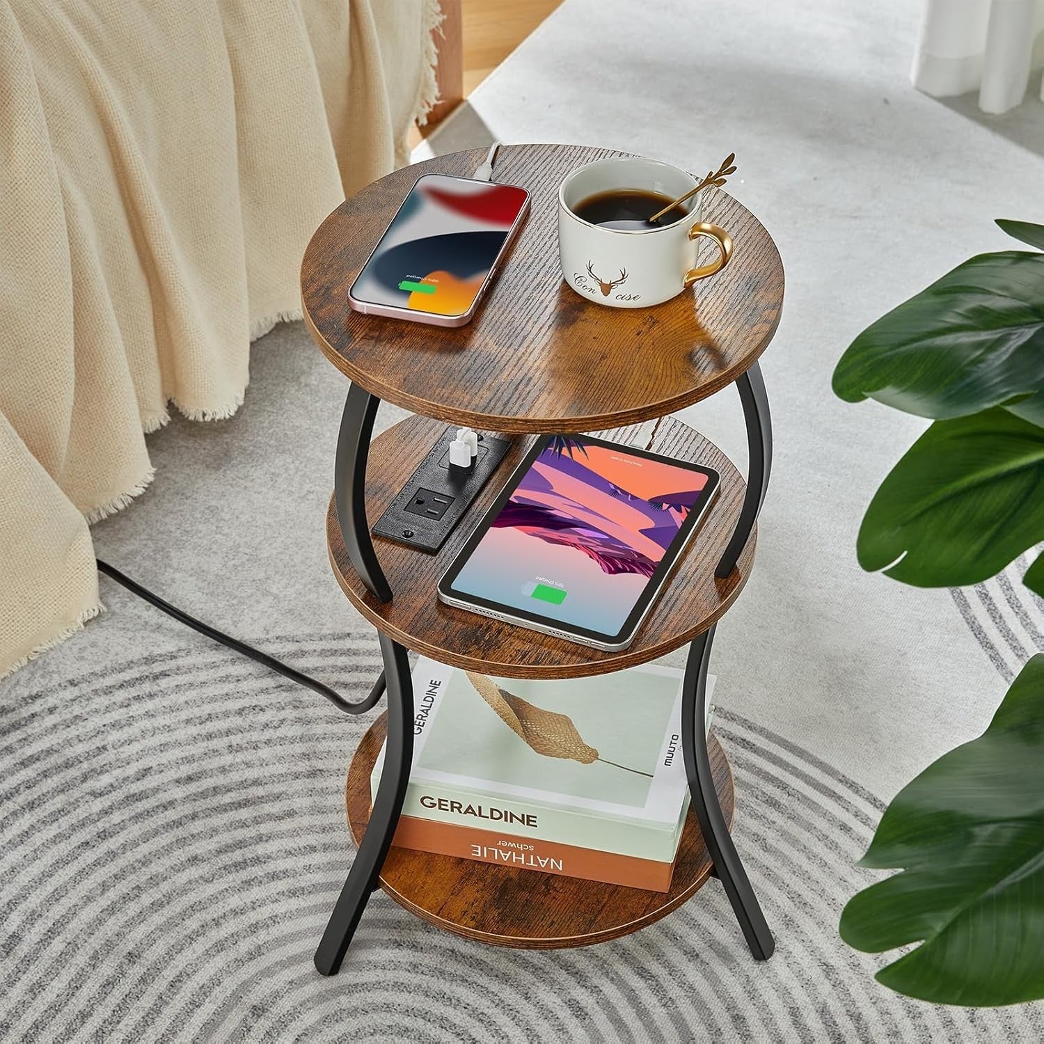 Brown 3-Tier Round Side Table 30x30x55 cm | Slim End Table w/ USB & Storage