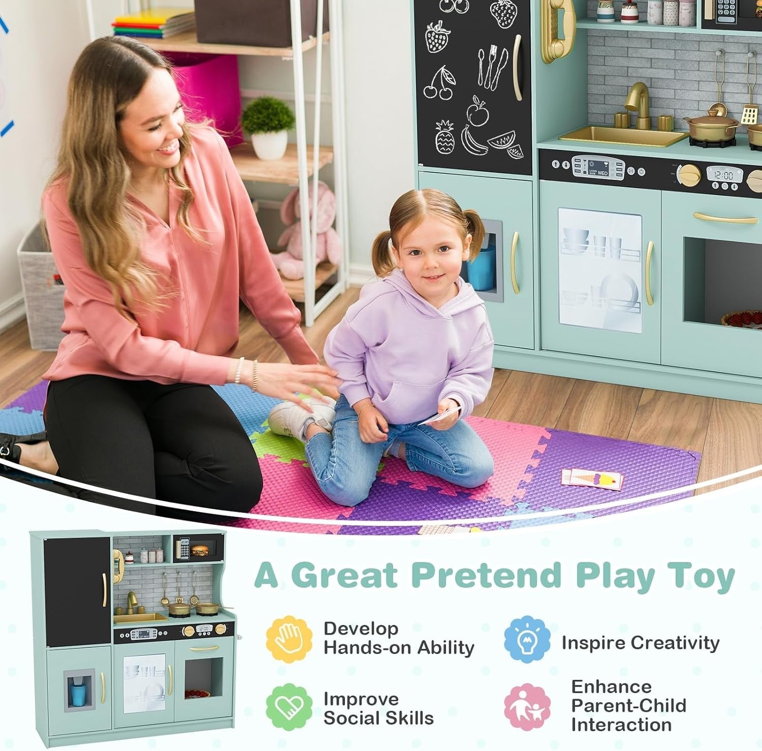 Wooden Kids Play Kitchen Green w/ Chalkboard Ice Maker Microwave