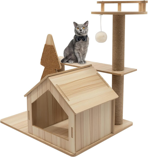 Beige Wooden Cat Tree Play Tower with House Jute Scratching Post 71cm