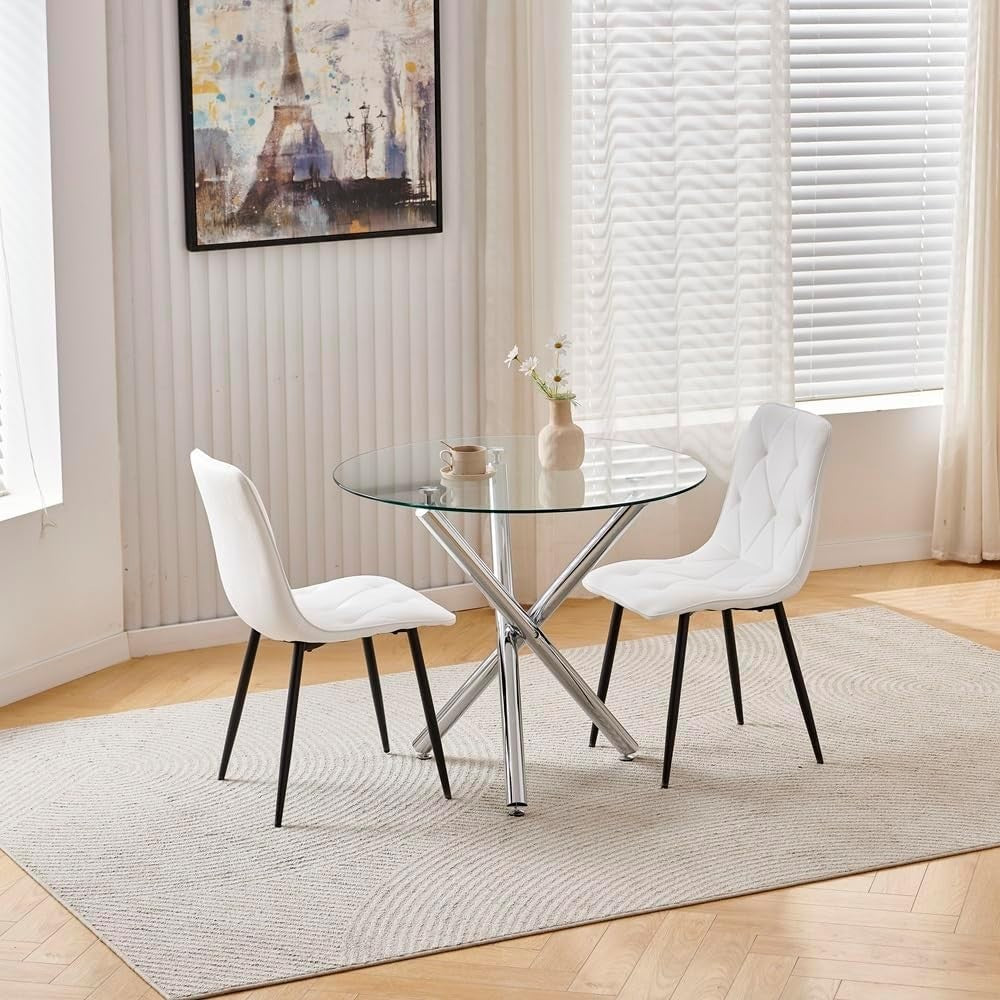 Round Glass Dining Table Set 2 White Velvet Chairs Compact Modern Kitchen