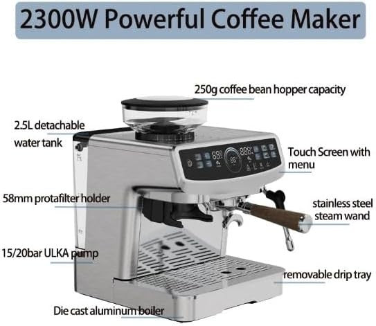 Commercial Espresso Coffee Machine 2.2L Pro Barista Maker with Burr Grinder