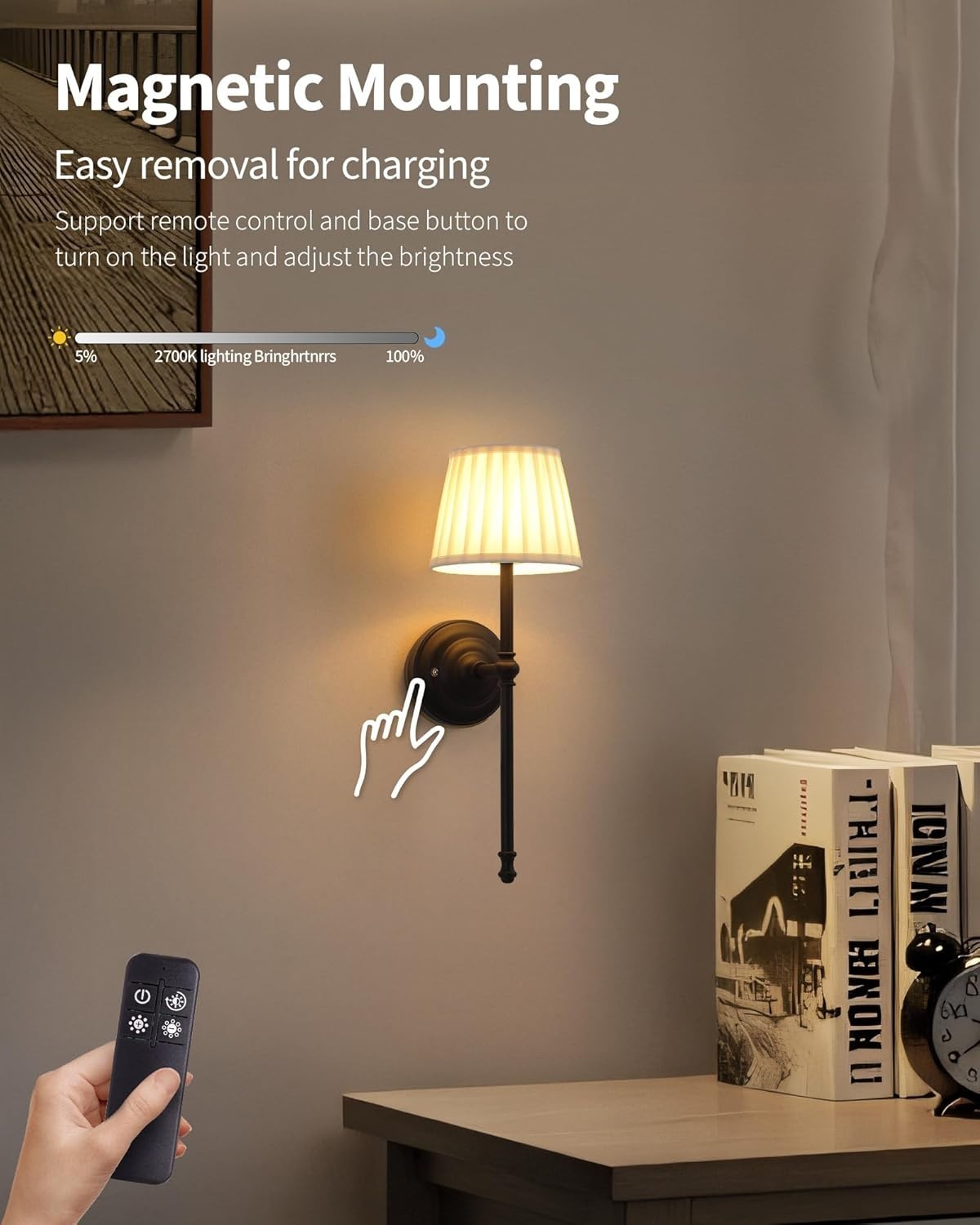 Cordless LED Wall Lights Set of 2 with Remote, Dimmable, Rechargeable