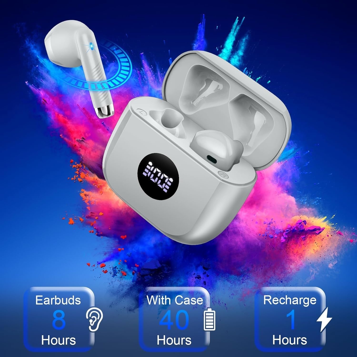 Bluetooth 5.4 Wireless Earbuds Deep Bass ENC Mic 40H Playtime IP7 Grey