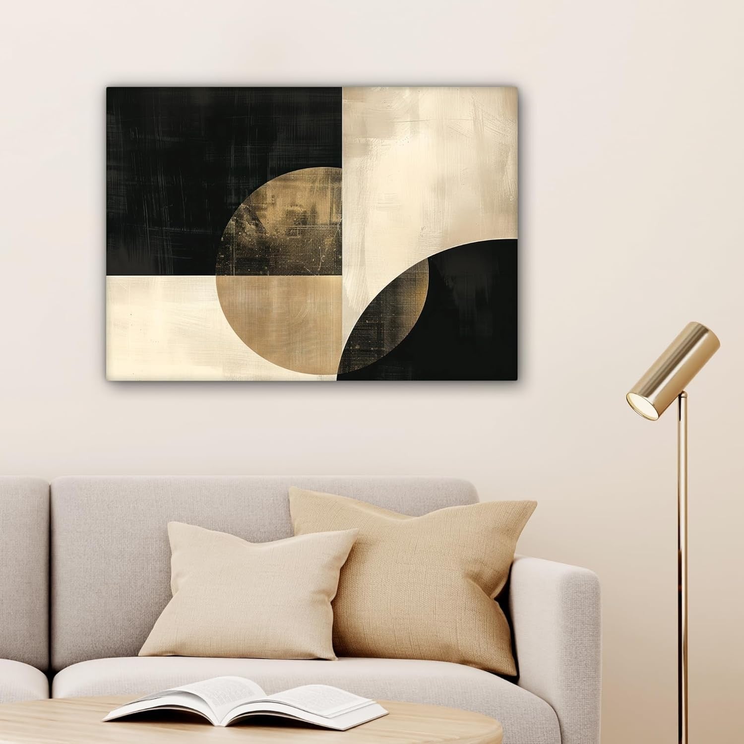 Abstract Circles Canvas Wall Art Black Gold Modern 80x60cm Living Room Decor