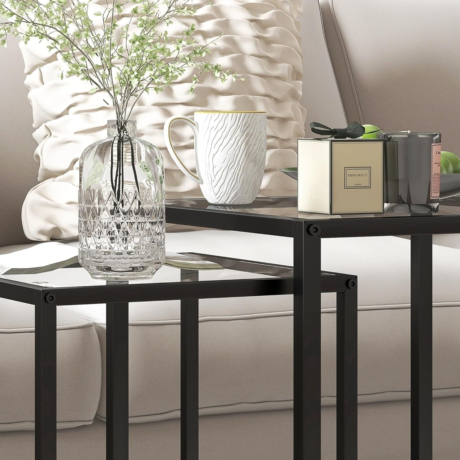 Black Nesting Coffee Table Set of 2 Square Tempered Glass Side End Tables