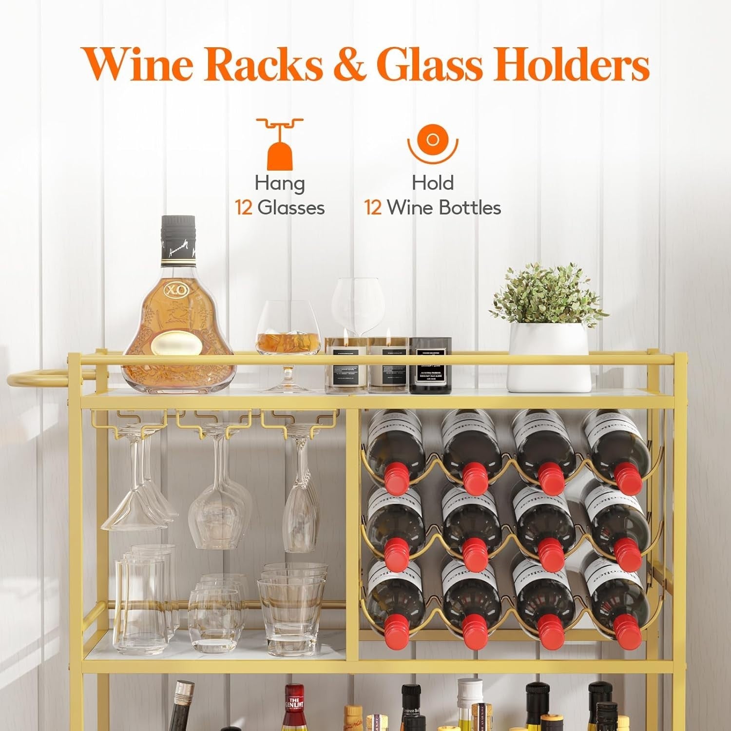Gold Drinks Trolley 3 Tier Bar Cart with Wine Rack & Glass Holder Lockable Wheel