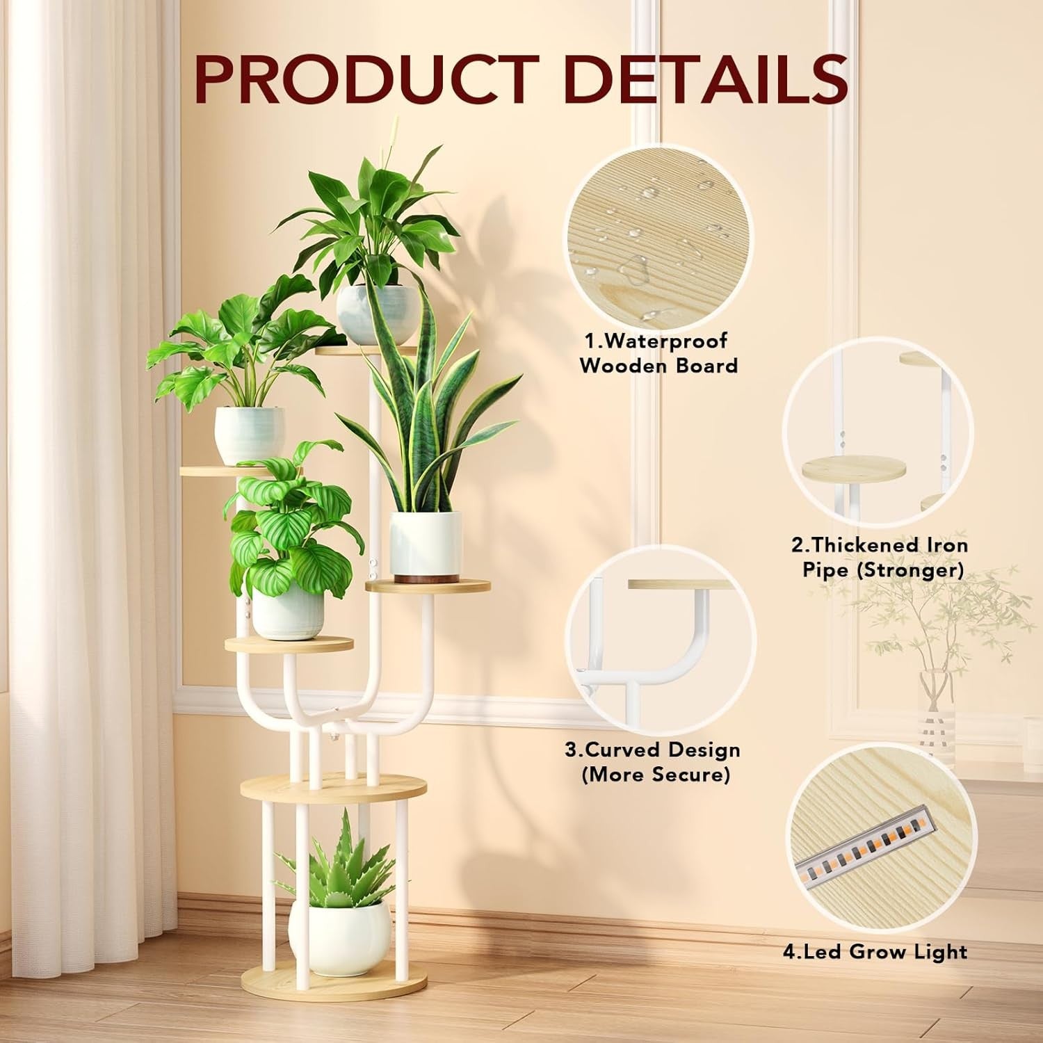 6 Tier Metal Wood Plant Stand White with Grow Light Indoor Corner Shelf Rack