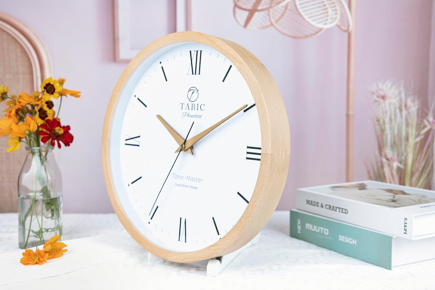 Silent Wall Clock Roman Numerals Natural Wood Glass Face Large 30cm Decor