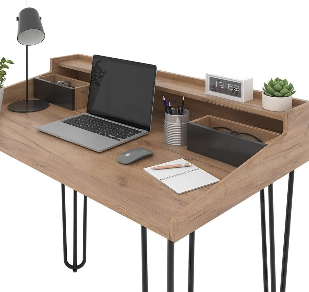 Oak & Black Office Desk with Drawers, 110 x 60 cm Modern Study Table