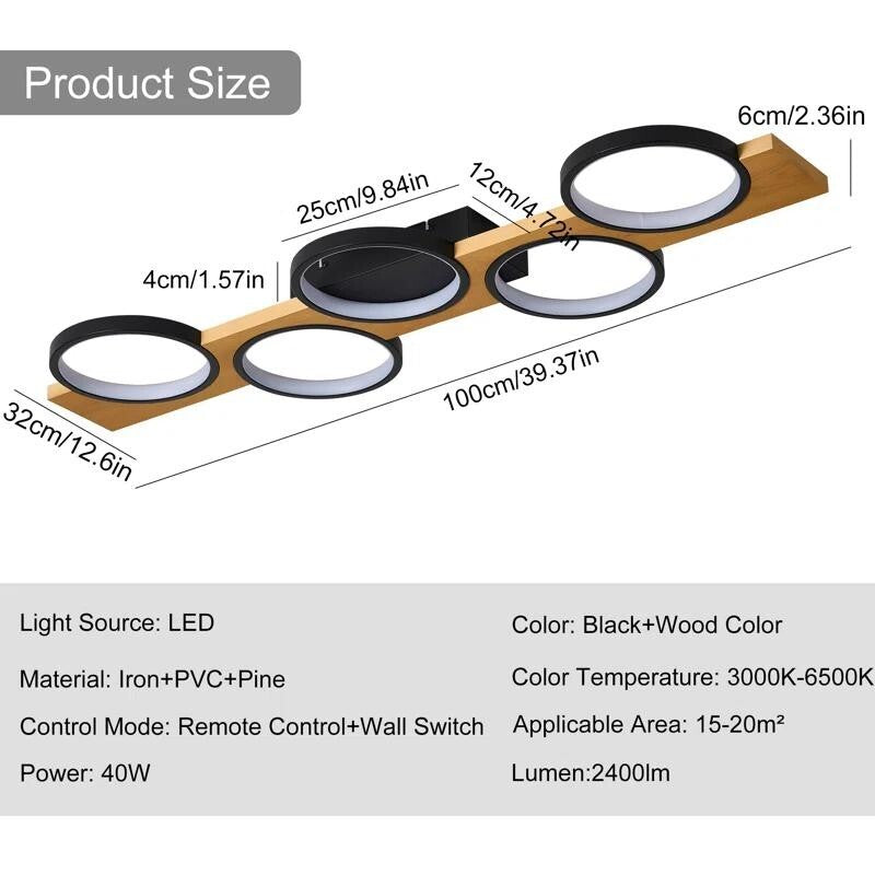 100cm LED Flush Ceiling Light Dimmable Remote Rustic Modern Black Lamp