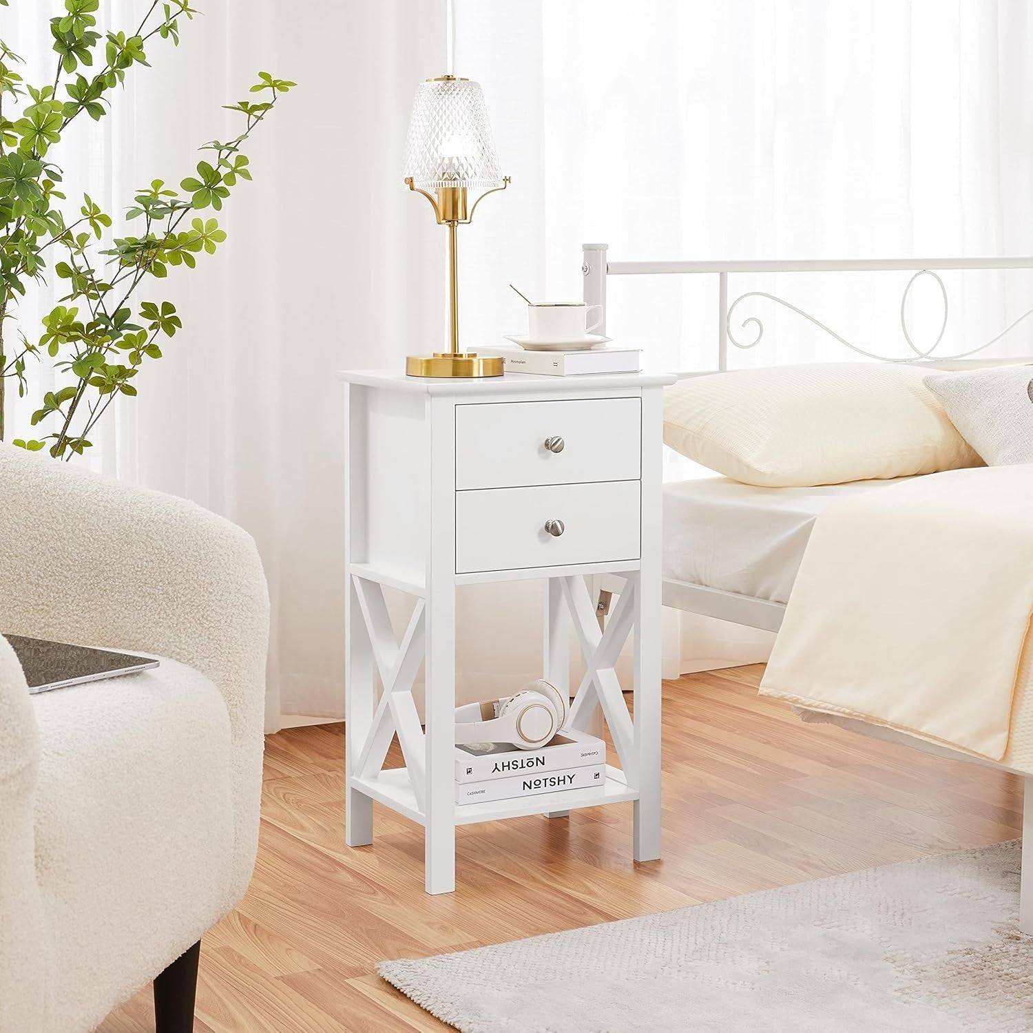 Set of 2 Tall White Bedside Tables with 2 Drawers & Shelf | Slim X-Frame