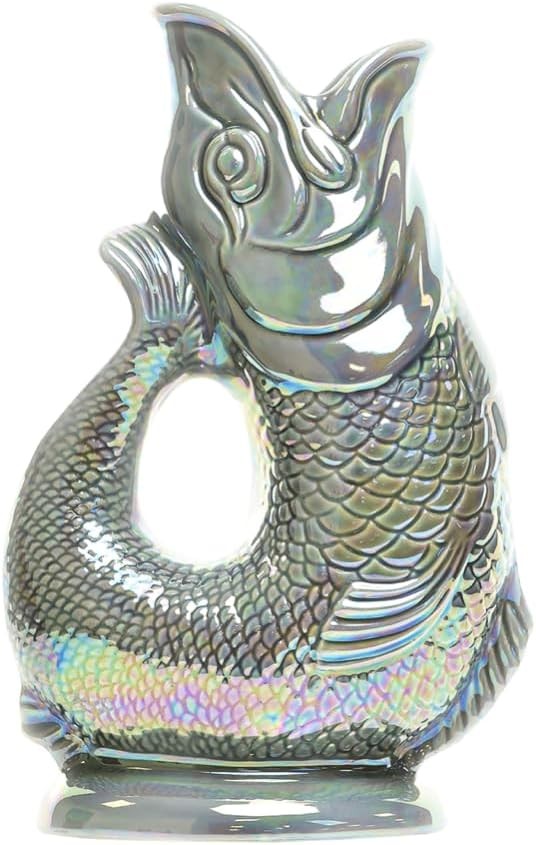 Dark Grey Lustre XL Gluggle Jug 1.4L – Iridescent Ceramic Fish Pitcher & Vase Dé