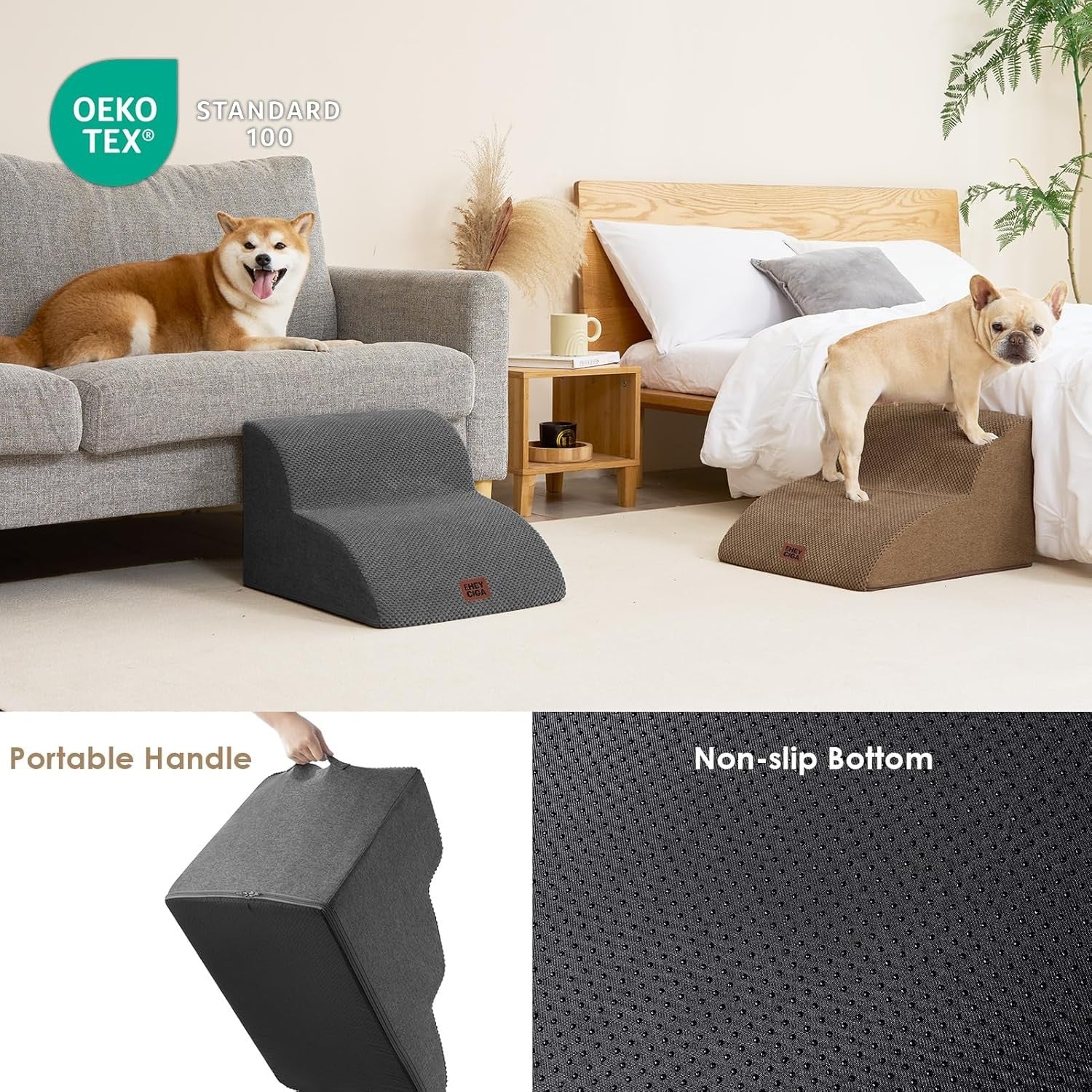 2 Step Dog Stairs for Sofa Non Slip Foam Pet Steps Washable Grey