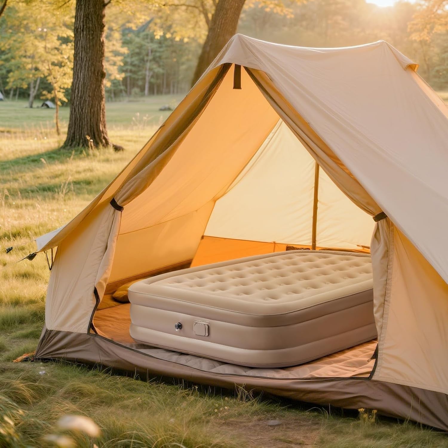 Double Inflatable Air Mattress with Built-in Pump, Pillows & Flocked Top