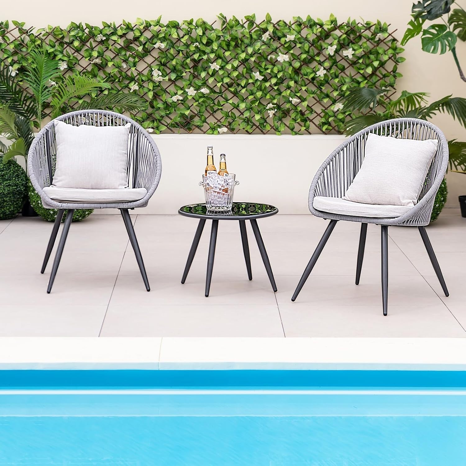 3pc Outdoor Rattan Bistro Set Chairs & Glass Table for Patio Garden