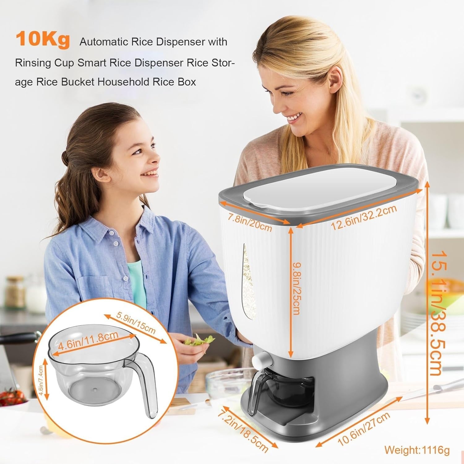 10KG Smart Rice Storage Bucket Automatic Dispenser with Rinsing Cup