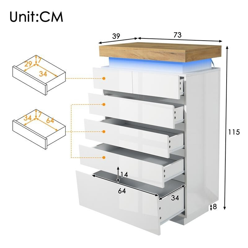 Tall High Gloss 6 Drawer Sideboard Cabinet with LED Light Storage White